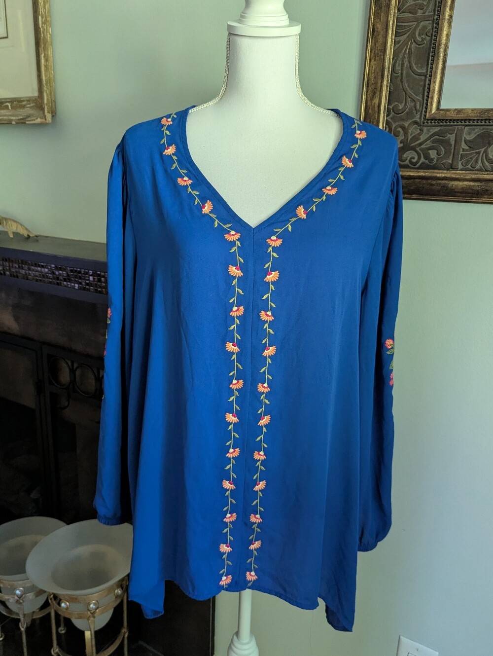 The Pioneer Woman Blue Floral Embroidered Long Sleeve Blouse Size XXL Polyester